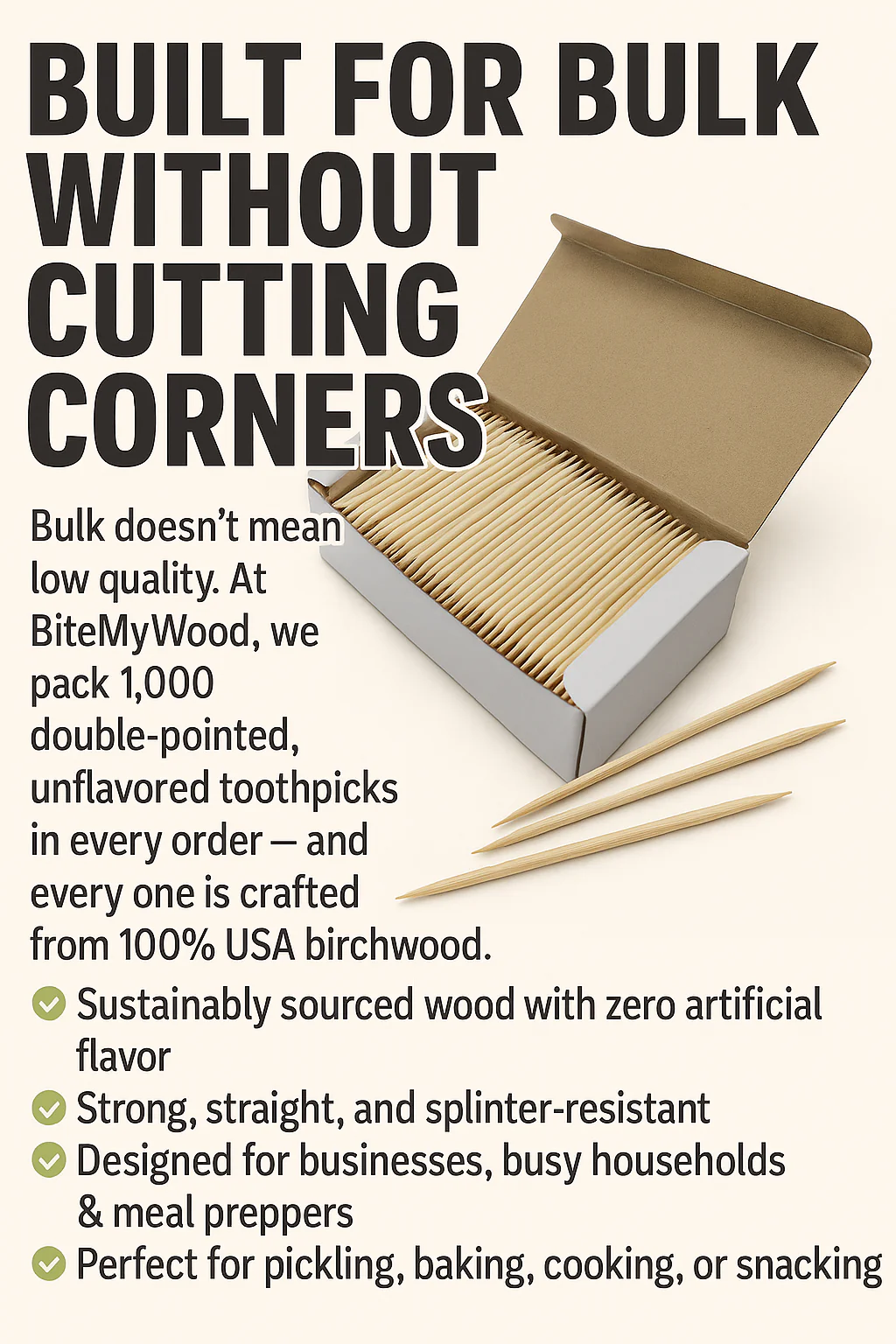 1000 Qty Double Point Birchwood Toothpicks In Cardboard Reusable Box BiteMyWood Brand - Image 9