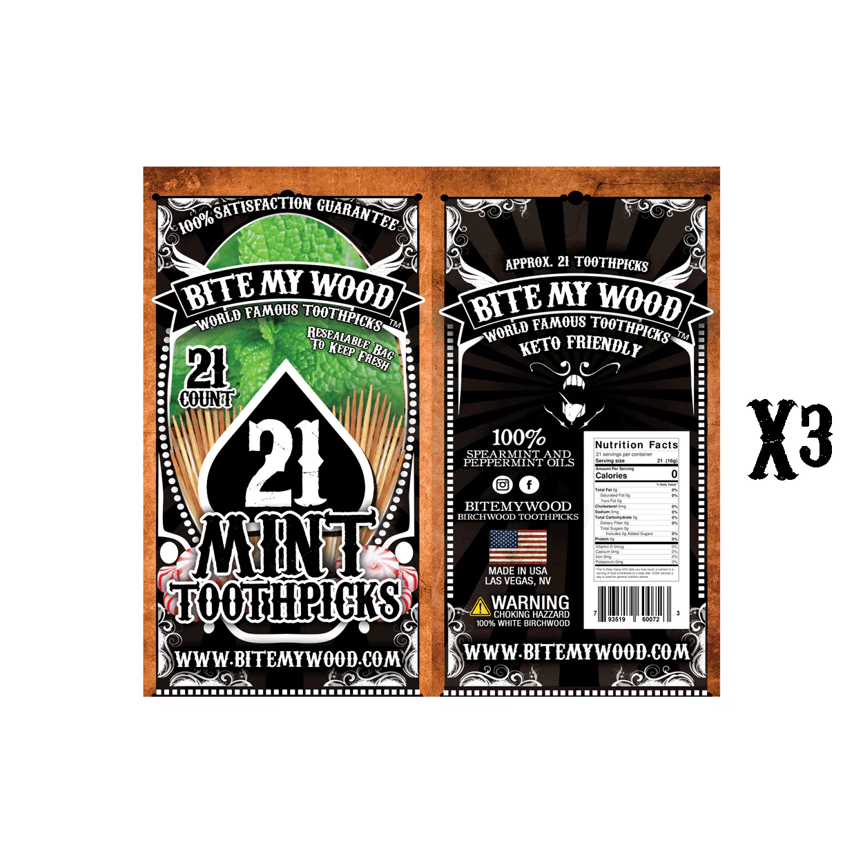 BiteMyWood Flavored Birchwood Toothpicks in Plastic Reusable Bag 21 qty x 3 Packs - Image 4