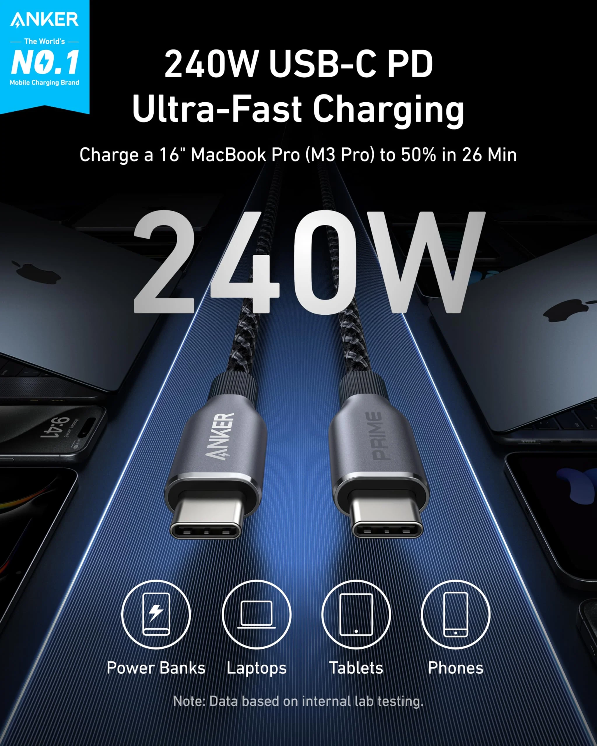 Anker Prime USB-C to USB-C Cable (240W, Upcycled-Braided) - Image 2