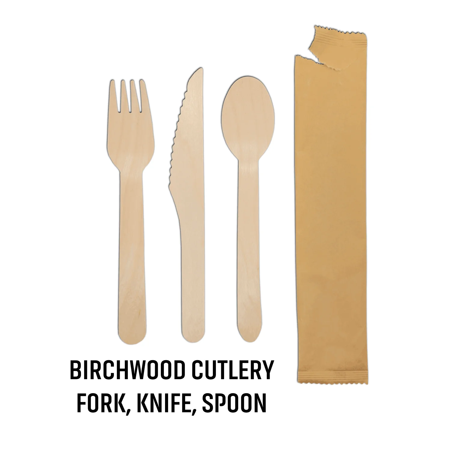 Birchwood Cutlery - Knife - Spoon and Fork In Eco-Friendly Brown Paper Wrapper- USA Made