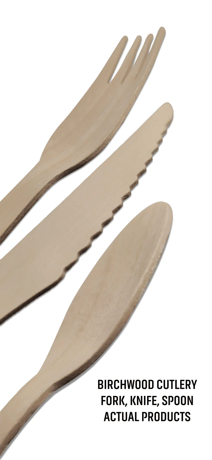 Birchwood Cutlery - Knife - Spoon and Fork In Eco-Friendly Brown Paper Wrapper- USA Made - Image 2