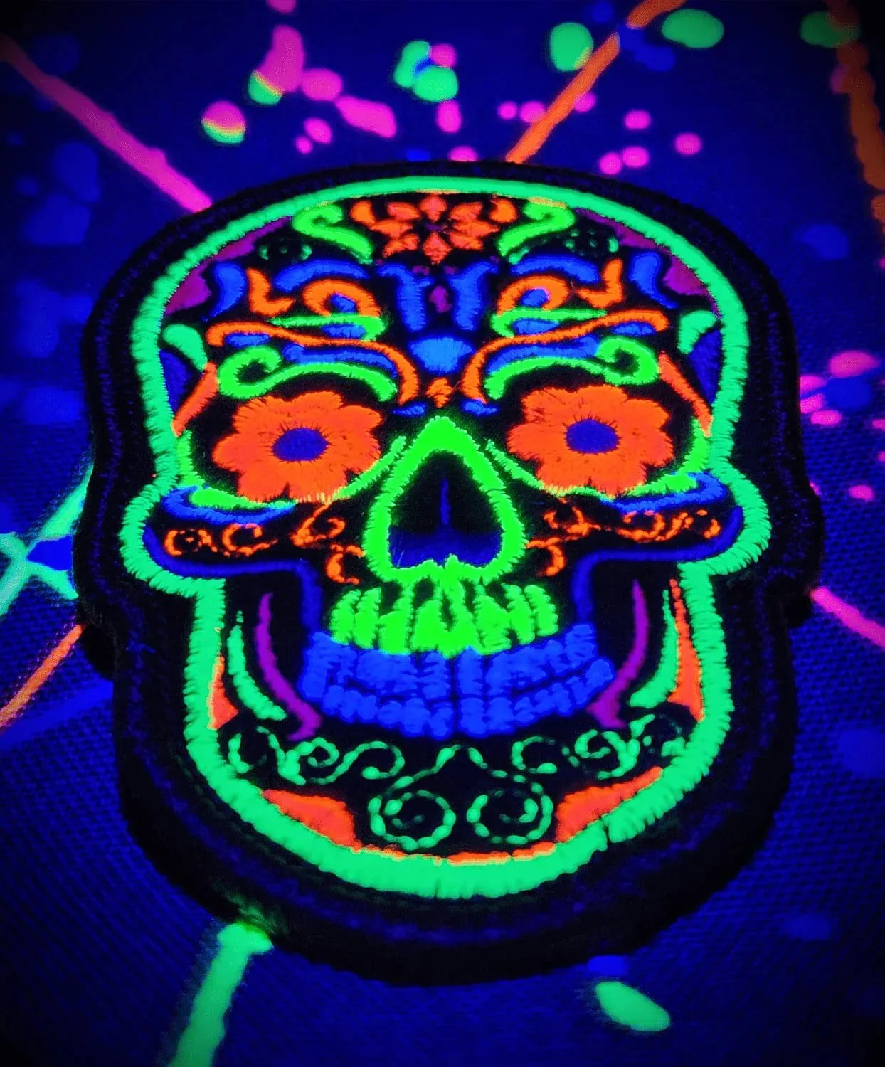Blacklight Dark Blacklight Sugar Skull Velvet Patch - Amp Up Your Gear with Trippy, Eye-Catching Fluorescent Thread Magic - Image 3