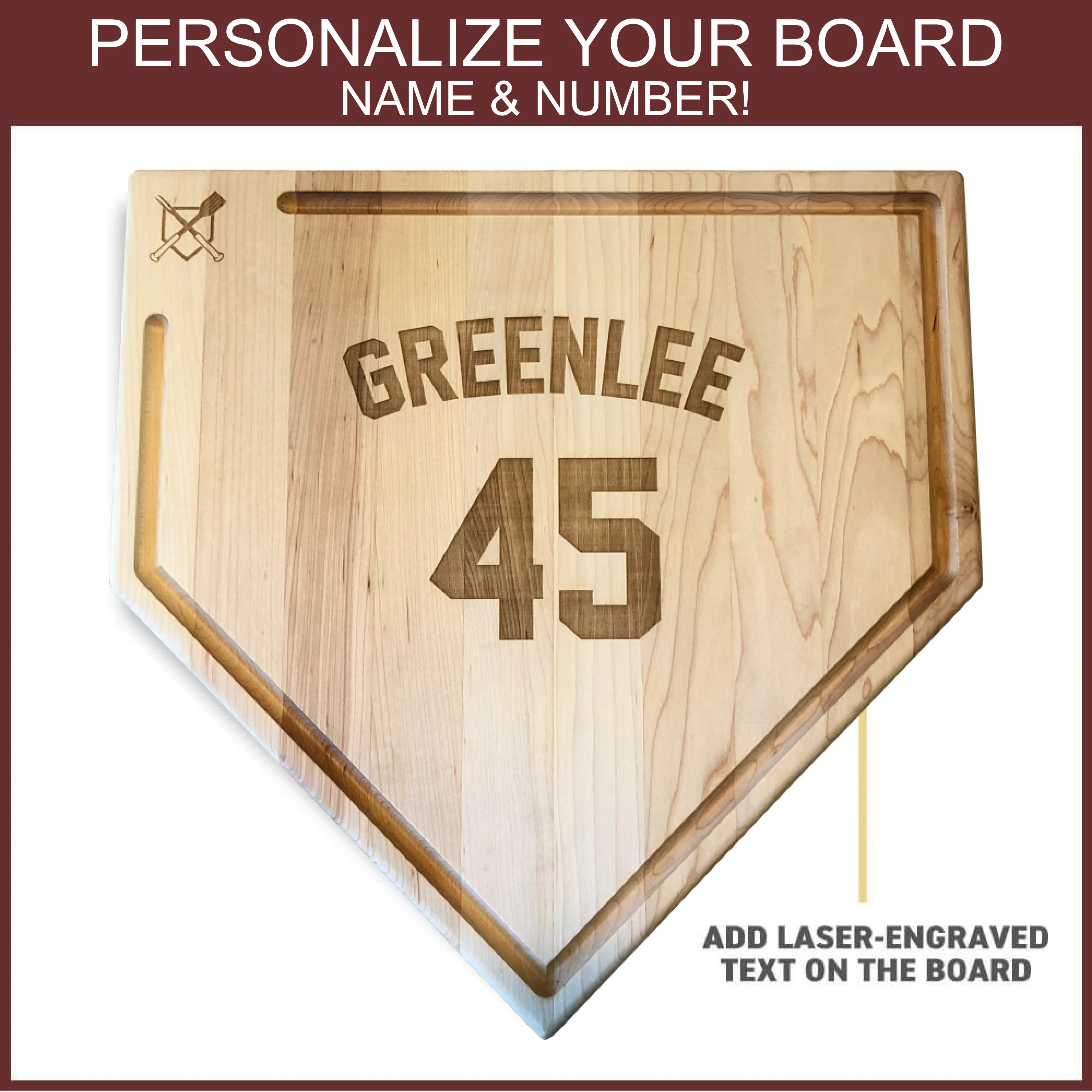 Full Size (17" x 17") Home Plate Cutting Board with Trough & Custom Text Engraving OR Personal Logo - Image 2
