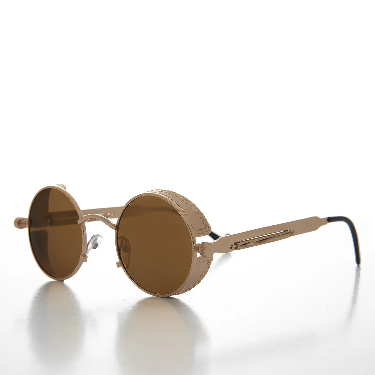 Gold Round Steampunk Goggle Sunglass with Spring Temples - Orwell 1 - Image 3