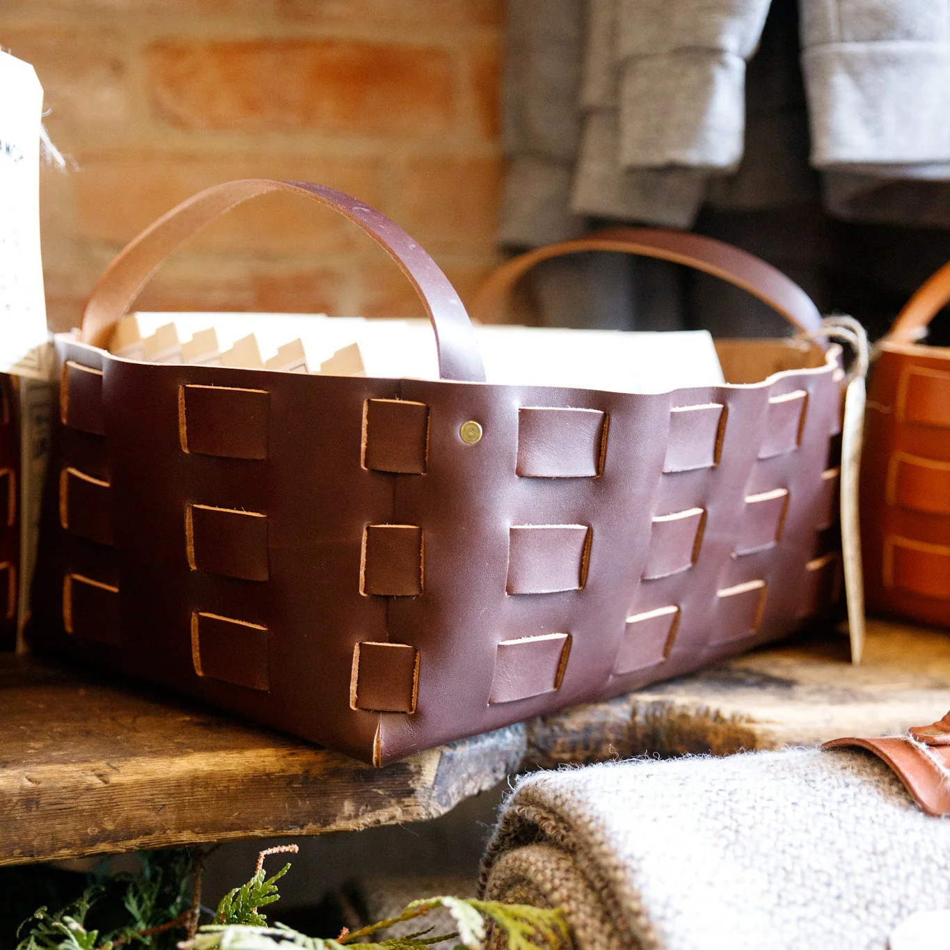 Large Leather Woven Basket  - USA Made - Image 4