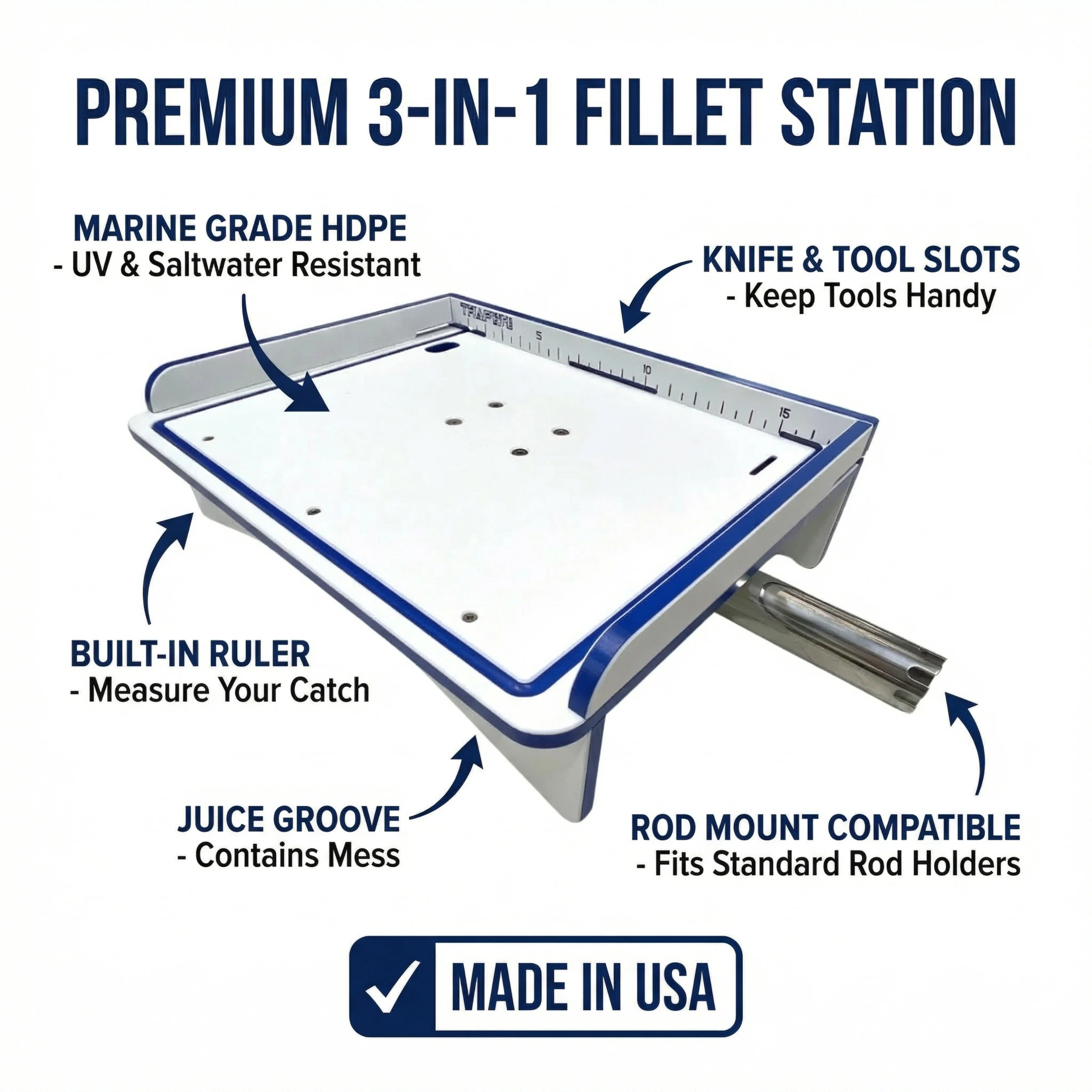 Premium Rod Mount 18" or 33" Raised Fillet Table – 3-in-1 Bait & Fish Station | Fits Rod Holders, Buckets & Flat Surfaces | Marine-Grade HDPE | Ruler, Juice Groove, Knife & Tool Slots - Image 4