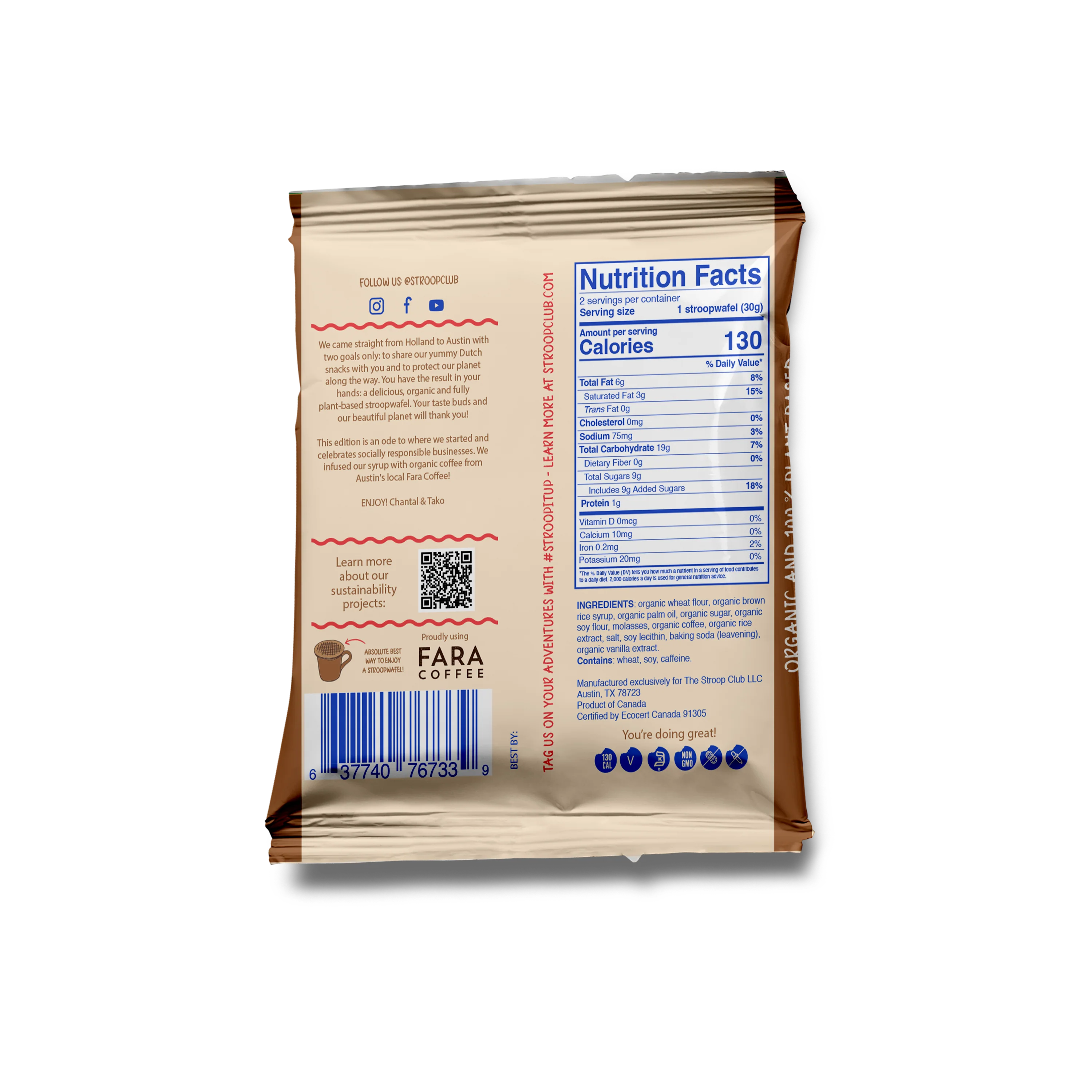Stroop Club Coffee Caramel Plant Based and Organic Stroopwafels Box - 12 packs x 2-pack case - Image 6